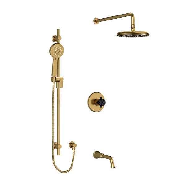 Momenti Type T/P (Thermostatic/Pressure Balance) 1/2 Inch Coaxial 3-Way System With Hand Shower Rail Shower Head And Spout - Brushed Gold And Black With X-Shaped Handles | Model Number: K
